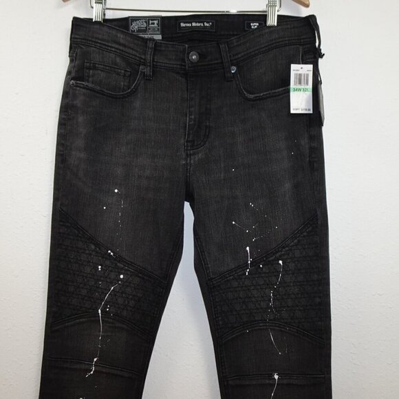 Heroes Motors Moto Jeans Men's Size 34x32 Black Denim Super Slim Paint Splatters - Picture 3 of 14
